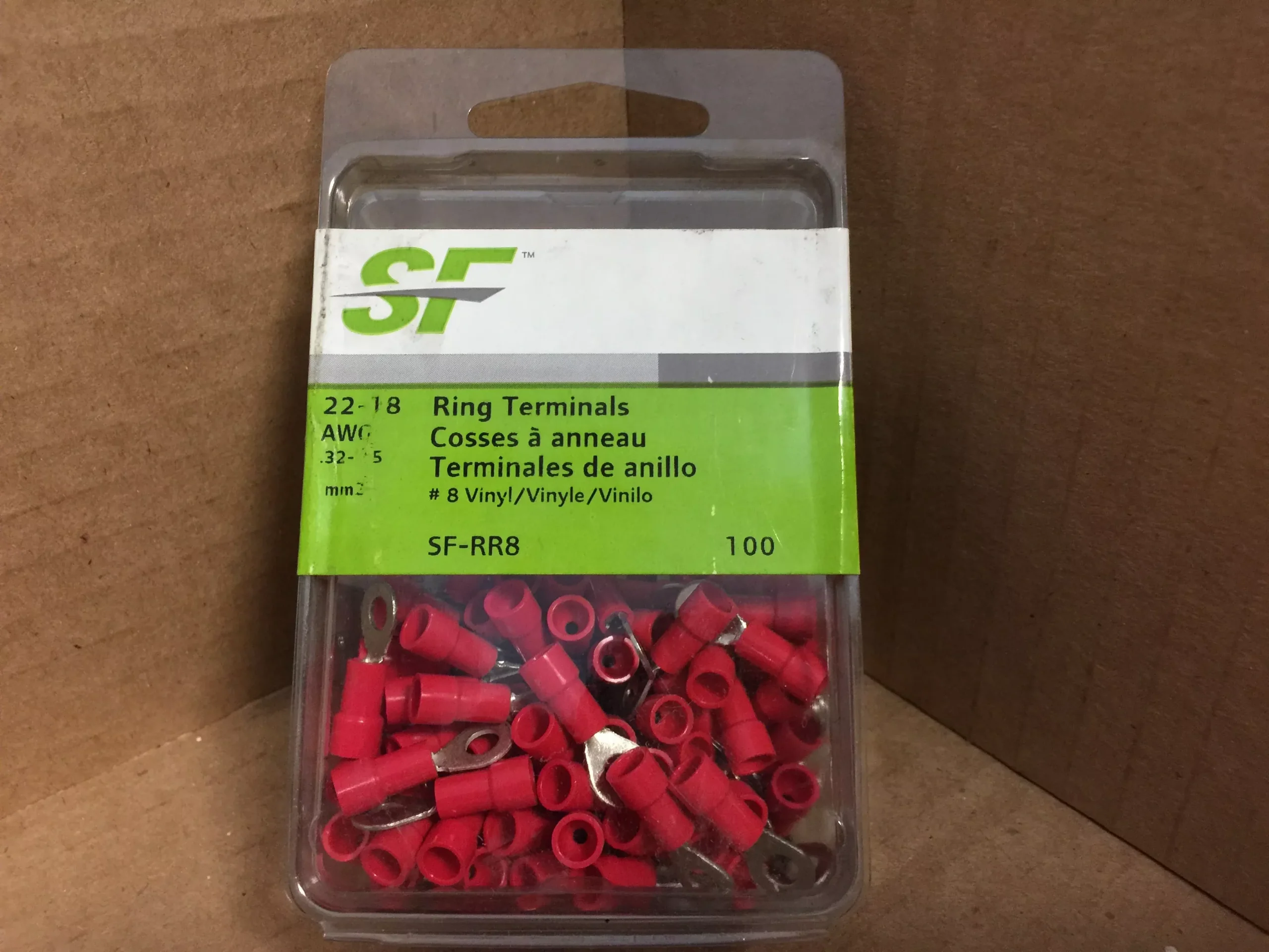 22-18 AWG Ring Terminals, # 8 STUD, 100Pk
