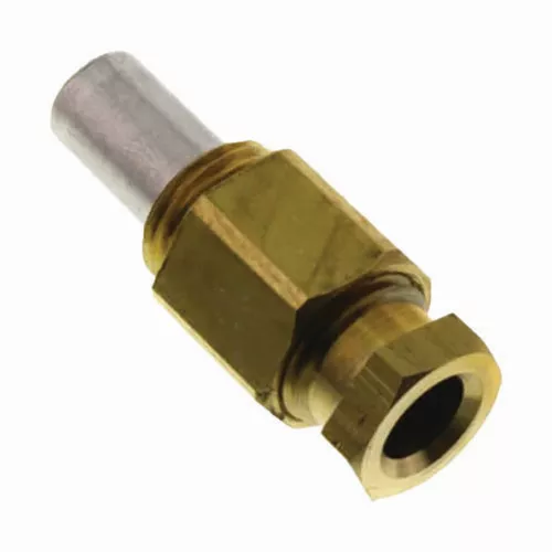 BASO Y90AA-3218 .018" Natural Gas Pilot Burner Orifice – 1/4" Compression Coupling Inlet, Aluminum Lined Body, 115° Dual Orifice Counterbore