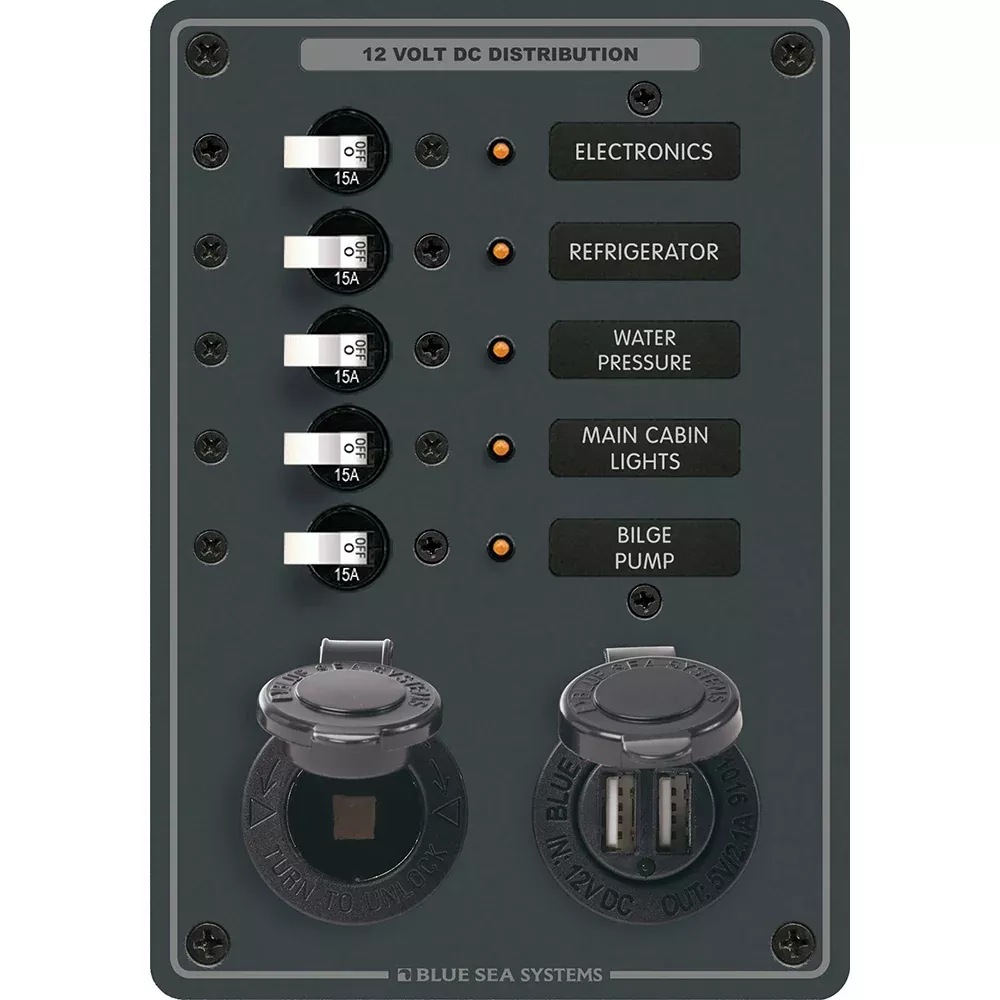 Blue Sea 8120 5 Position 12V Panel wDual USB 12V Socket 8120