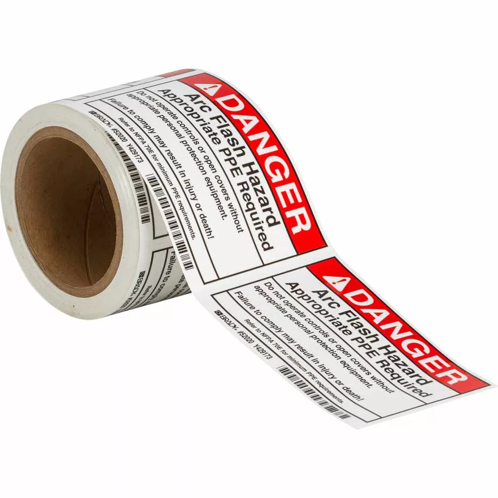Brady 52020 Arc Flash Labels, DANGER - Self-Sticking Polyester, 3.5" H x 5" W x 0.006" D, Roll of 100 Labels, Black/Red on White