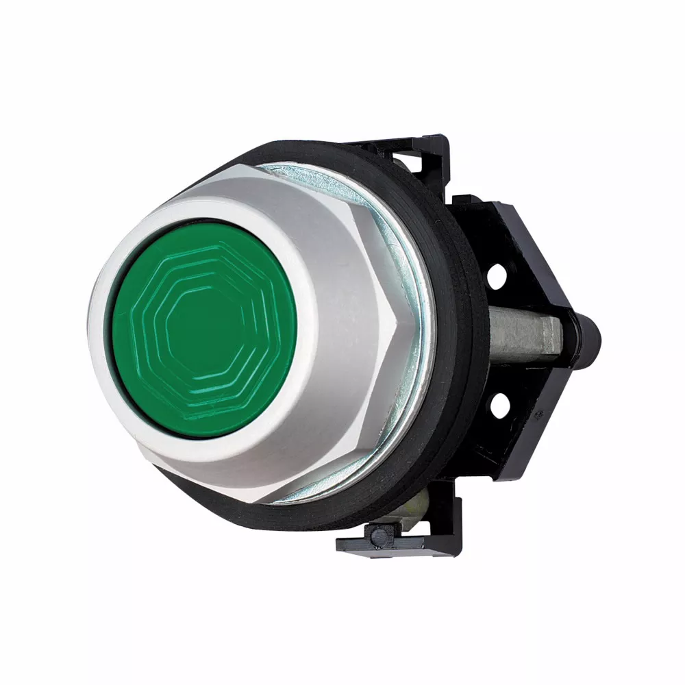 Cutler-Hammer HT8AAGA Eaton, 30.5 mm Watertight/Oiltight Pushbutton operator,Green,Plastic Actuator,Chrome bezel,1NO,Non-illuminated,Flush mounting,NEMA 3, 3R, 4, 4X, 12, 13,Momentary,30.5 mm,Flush Pushbutton