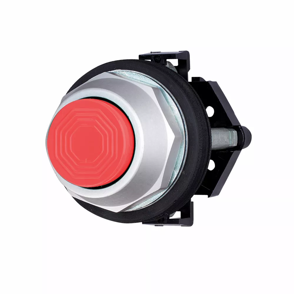 Cutler-Hammer HT8ABR HT800 pushbutton 30.5 mm, Watertight/Oiltight-HT800, Pushbutton, NEMA 1, 2, 3, 3R, 4, 4X, 12, Non-illuminated, Momentary, Red actuator, Extended, Chrome bezel, Plastic