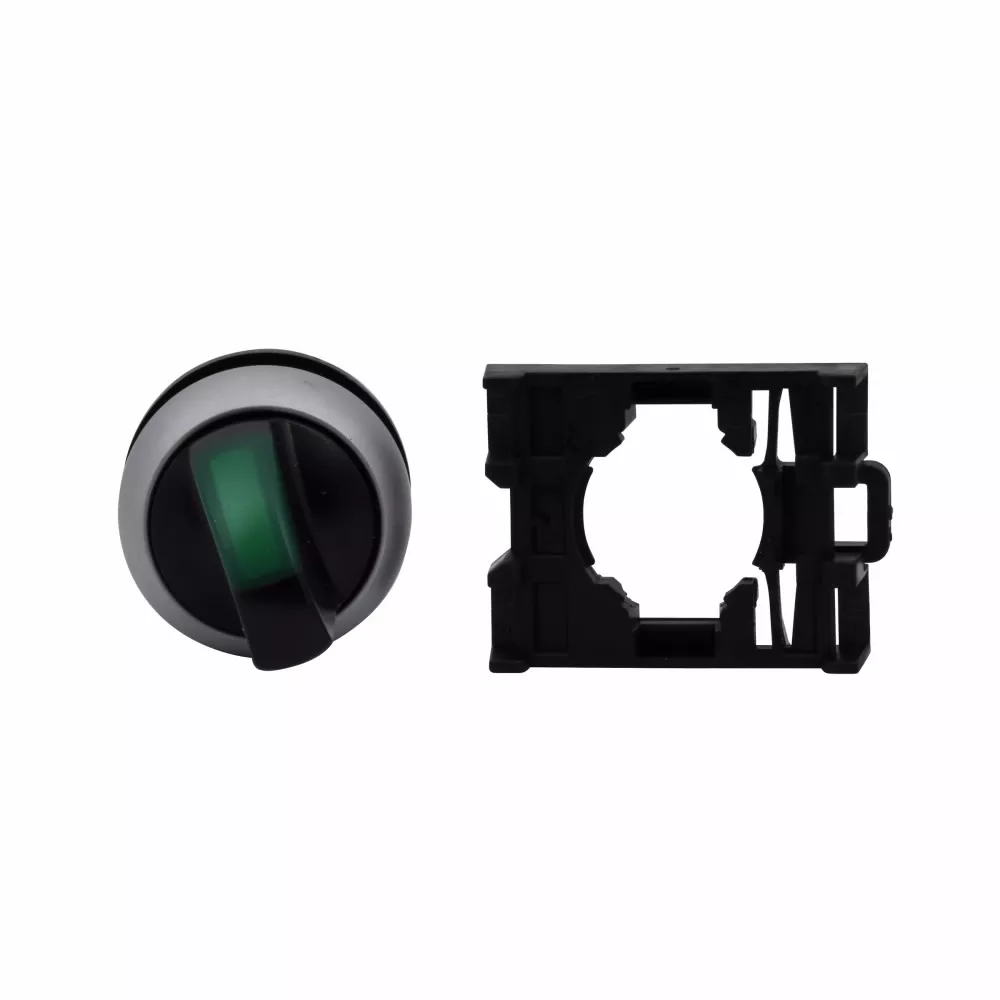 Cutler-Hammer M22-WLKV-G M22 modular pushbutton, M22 Modular Selector Switch Operator, 22.5 mm, Knob, Momentary, Illuminated, Bezel: Silver, Button: Green, IP66, NEMA 4X, 13, Two-Position, V, Light 100,