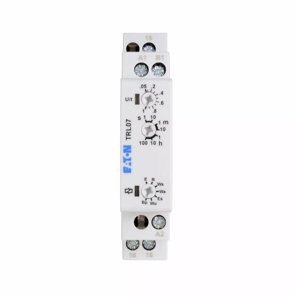 Cutler-Hammer TRL27 7-function universal TR series timing relay, style terminals, 0.05 seconds-100 hours time delay, 12-240 Vac/dc input voltage, Compact DIN rail mount, DPDT contact configuration, IP40