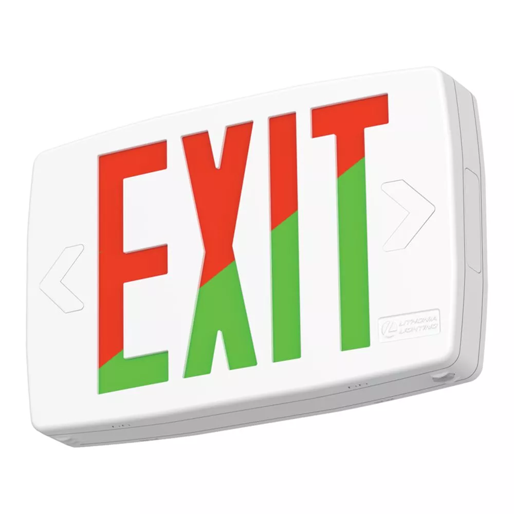 Lithonia LQM-S-W-RG-MVOLT-M6 Quantum LED Exit Sign, 3-Face Red/Green Selectable, AC/EL Switching, Pop Out Chevrons, Quick Mount, 120-277V, White Thermoplastic Housing