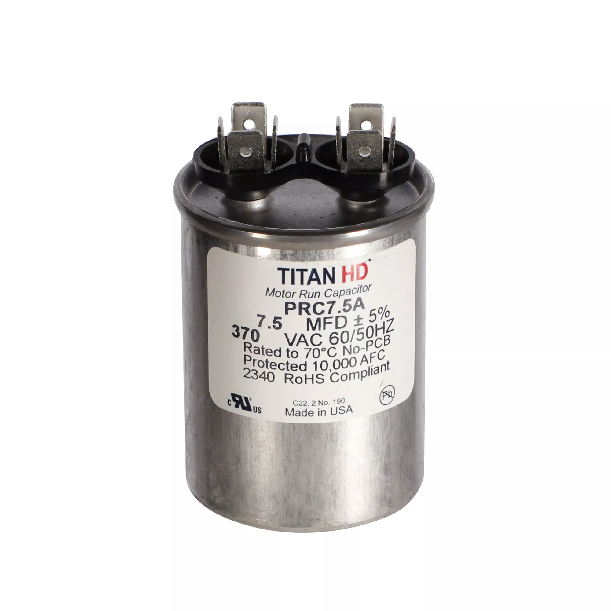 Packard PRC7.5A Titan HD 7.5 MFD, 370V, Round Run Capacitor