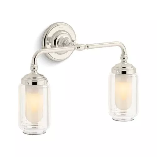 TWO-LIGHT SCONCE, CLEAR GLASS SHADES WITH INNER FROSTED GLASS DIFFUSER